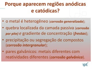 Porque aparecem regiões anódicas
e catódicas?
• o metal é heterogêneo (corrosão generalizada);
• quebra localizada da camada passiva (corrosão
por pite) e gradiente de concentração (frestas);
• precipitação ou segregação de compostos
(corrosão intergranular);
• pares galvânicos: metais diferentes com
reatividades diferentes (corrosão galvânica).
 