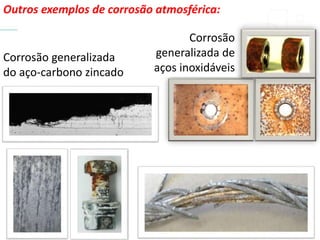 Outros exemplos de corrosão atmosférica:
Corrosão generalizada
do aço-carbono zincado
Corrosão
generalizada de
aços inoxidáveis
 