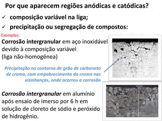 Por que aparecem regiões anódicas e catódicas?
 composição variável na liga;
 precipitação ou segregação de compostos:
Exemplos:
Corrosão intergranular em aço inoxidável
devido à composição variável
(liga não-homogênea)
Corrosão intergranular em alumínio
após ensaio de imerso por 6 h em
solução de cloreto de sódio e peróxido
de hidrogênio.
Precipitação no contorno de grão de carboneto
de cromo, com empobrecimento do cromo nas
vizinhanças, onde ocorreu a corrosão
 
