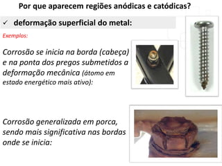  deformação superficial do metal:
Por que aparecem regiões anódicas e catódicas?
Exemplos:
Corrosão se inicia na borda (cabeça)
e na ponta dos pregos submetidos a
deformação mecânica (átomo em
estado energético mais ativo):
Corrosão generalizada em porca,
sendo mais significativa nas bordas
onde se inicia:
 