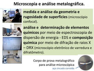 Microscopia e análise metalográfica.
análise e determinação de elementos
químicos por meio de espectroscopia de
dispersão de energia - EDS e composição
química por meio de difração de raios X
– DRX (microscópio eletrônico de varredura e
difratômetro).
medida e análise da geometria e
rugosidade de superfícies (microscópio
confocal).
Corpo de prova metalográfico
para análise microscópica
aço zincado corroído
 