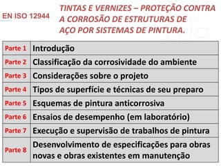 Parte 1 Introdução
Parte 2 Classificação da corrosividade do ambiente
Parte 3 Considerações sobre o projeto
Parte 4 Tipos de superfície e técnicas de seu preparo
Parte 5 Esquemas de pintura anticorrosiva
Parte 6 Ensaios de desempenho (em laboratório)
Parte 7 Execução e supervisão de trabalhos de pintura
Parte 8
Desenvolvimento de especificações para obras
novas e obras existentes em manutenção
EN ISO 12944
TINTAS E VERNIZES – PROTEÇÃO CONTRA
A CORROSÃO DE ESTRUTURAS DE
AÇO POR SISTEMAS DE PINTURA.
 