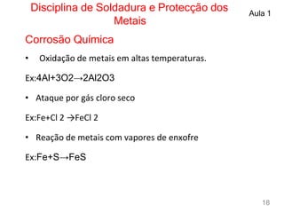 Disciplina de Soldadura e Protecção dos
Metais
Aula 1
Corrosão Química
• Oxidação de metais em altas temperaturas.
Ex:4Al+3O2​→2Al2​O3​
• Ataque por gás cloro seco
Ex:Fe+Cl 2​ →FeCl 2​
• Reação de metais com vapores de enxofre
Ex:Fe+S→FeS
18
 