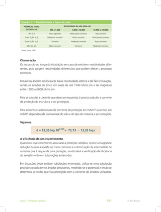 Quadro 7.1: Resistividade x tipos de solo
POTENCIAL (volts)
Cu/CuSO4 sat
Resistividade do solo (ohm.cm)
500 a 1.000 1.000 a 10.000 10.000 a 100.000
Até -0,4 Pouco agressivo Muito pouco corrosivo Não corrosivo
Entre -0,4 e -0,5 Moderado corrosivo Pouco corrosivo Muito pouco corrosivo
Entre -0,5 e -0,6 Corrosivo Moderado corrosivo Pouco corrosivo
Além de -0,6 Muito corrosivo Corrosivo Moderado corrosivo
Fonte: Dutra, 1987
Observação
Os riscos são ao longo da tubulação em caso de existirem resistividades dife-
rentes, pois surgem resistividades diferenciais que podem elevar o processo
corrosivo.
Instalar os ânodos em locais de baixa resistividade elétrica e de fácil instalação,
sendo os ânodos de zinco em solos de até 1500 ohms.cm e de magnésio
entre 1500 a 6000 ohms.cm.
Para se calcular a corrente que deve ser requerida, é preciso calcular a corrente
de proteção da estrutura a ser protegida.
Para encontrar a densidade de corrente de proteção em mA/m² ou então em
mA/ft², dependerá da resistividade do solo e do tipo do material a ser protegido.
Vejamos:
A eficiência de um revestimento
Quando o revestimento for associado à proteção catódica, ocorre uma grande
redução da área exposta ao meio corrosivo e a diminuição da intensidade de
corrente que é requerida para proteção, sendo ideal a verificação da eficiência
do revestimento em tubulações enterradas.
Em situações onde existam tubulações enterradas, utiliza-se uma tubulação
provisória e aplicam-se ânodos provisórios, medindo-se o potencial e então se
determina o trecho que fica protegido com a corrente de ânodos utilizados.
e-Tec BrasilAula 7 - Proteção catódica 101
 
