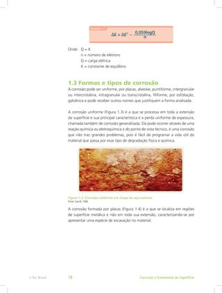 Onde:	 Q = K
	 n = número de elétrons
	 Q = carga elétrica
	 K = constante de equilíbrio
1.3 Formas e tipos de corrosão
A corrosão pode ser uniforme, por placas, alveolar, puntiforme, intergranular
ou intercristalina, intragranular ou transcristalina, filiforme, por esfoliação,
galvânica e pode receber outros nomes que justifiquem a forma analisada.
A corrosão uniforme (Figura 1.3) é a que se processa em toda a extensão
da superfície e sua principal característica é a perda uniforme de espessura,
chamada também de corrosão generalizada. Ela pode ocorrer através de uma
reação química ou eletroquímica e do ponto de vista técnico, é uma corrosão
que não traz grandes problemas, pois é fácil de programar a vida útil do
material que passa por esse tipo de degradação física e química.
Figura 1.3: Corrosão uniforme em chapa de aço-carbono
Fonte: Gentil, 1996
A corrosão formada por placas (Figura 1.4) é a que se localiza em regiões
de superfície metálica e não em toda sua extensão, caracterizando-se por
apresentar uma espécie de escavação no material.
Corrosão e Tratamento de Superfíciee-Tec Brasil 18
 