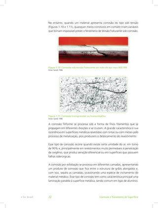 No entanto, quando um material apresenta corrosão do tipo sob tensão
(Figuras 1.10 e 1.11), quaisquer meios corrosivos em contato criam variáveis
que tornam impossível prever o fenômeno de tensão fraturante sob corrosão.
Figura 1.10: Corrosão sob tensão fraturante em tubo de aço inox AISI 304
Fonte: Gentil, 1996
Figura 1.11: Corrosão transgranular ou transcristalina
Fonte: Gentil, 1996
A corrosão filiforme se processa sob a forma de finos filamentos que se
propagam em diferentes direções e se cruzam. A grande característica é sua
ocorrência em superfícies metálicas revestidas com tintas ou com metais pelo
processo de metalização, pois produzem o deslocamento do revestimento.
Esse tipo de corrosão ocorre quando existe certa umidade do ar, em torno
de 90% e, principalmente em revestimentos muito permeáveis à penetração
de oxigênio, que produz aeração diferencial ou em superfícies que possuem
falhas siderúrgicas.
A corrosão por esfoliação se processa em diferentes camadas, apresentando
um produto de corrosão que fica entre a estrutura de grãos alongados e,
com isso, separa as camadas, ocasionando uma espécie de inchamento do
material metálico. Esse tipo de corrosão tem como característica principal uma
laminação paralela à superfície metálica, sendo comum em ligas de alumínio.
Corrosão e Tratamento de Superfíciee-Tec Brasil 22
 