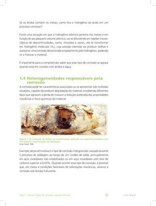 Se os ácidos corroem os metais, como fica o hidrogênio do ácido em um
processo corrosivo?
Existe uma situação em que o hidrogênio atômico penetra nos metais e em
função do seu pequeno volume atômico, vai se difundindo em regiões micros-
cópicas de descontinuidades, como: inclusões e vazios, até se transformar
em hidrogênio molecular (H2), cuja pressão exercida vai produzir bolhas e
ocasionar uma corrosão denominada empolamento pelo hidrogênio, podendo
vir a fraturar o material.
É importante para a compreensão saber que esse tipo de corrosão se agrava
quando está em contato com ácidos e água.
1.4 Heterogeneidades responsáveis pela 	
corrosão
A corrosão pode ter características associadas ou se apresentar sob múltiplas
situações, capazes de produzir degradação do material, envolvendo diferentes
tipos que agravam a perda de massa e a redução acelerada das propriedades
mecânicas e físico-químicas do material.
Figura 1.16: Exemplo de falhas no revestimento aplicado na superfície metálica com
fita plástica e perfuração na tubulação
Fonte: Gentil, 1996
Exemplo dessa afirmativa é o tipo de corrosão intergranular causada durante
o processo de soldagem ao longo de um cordão de solda, principalmente
em aços inoxidáveis não estabilizados ou em aços inoxidáveis com teor de
carbono superior a 0,03%. Quando ocorrer esse tipo de corrosão, é possível
que, em meios e condições favoráveis de solicitações mecânicas, alcance a
corrosão sob tensão fraturante.
e-Tec BrasilAula 1 - Formas e tipos de corrosão: aspectos técnicos 25
 