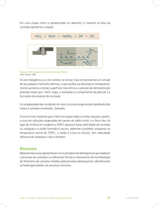 Em uma chapa como a representada no desenho, o material na área da
corrosão apresenta a reação:
Figura 1.20: Esquema da corrosão por fresta
Fonte: Pannoni, 2008
Os íons halogênios ou o íon cloreto, se tornam mais contaminantes em virtude
de seu pequeno tamanho atômico, o que facilita sua absorção e consequente-
mente aumenta a tensão superficial. Isso diminui a pressão de eletroestricção
(pressão maior que 1 atm). Logo, o resultado é o rompimento da película e a
formação do produto de corrosão.
A complexidade das condições do meio corrosivo exige estudo detalhado dos
meios e variáveis envolvidos. Exemplo:
O ouro é mais resistente que o ferro em quase todos os meios aquosos, porém,
o ouro em soluções oxigenadas de cianeto de sódio corrói, e o ferro não. As
ligas de zircônio em oxigênio a 350ºC possuem baixa velocidade de corrosão
ou oxidação e o óxido formado é escuro, aderente e protetor, enquanto na
temperatura acima de 750ºC, o óxido é cinza ou branco, tem velocidade
altíssima de oxidação e não é protetor.
Resumo
Nesta primeira aula apresentaram-se os princípios da eletroquímica que explicam
o processo de corrosão e as diferentes formas e mecanismos de manifestação
do fenômeno de corrosão metálica pelo processo eletroquímico, identificando
as heterogeneidades do processo corrosivo.
e-Tec BrasilAula 1 - Formas e tipos de corrosão: aspectos técnicos 29
 