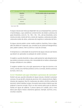 Quadro 3.1: Corrosão relativa do aço-carbono
Atmosfera Corrosão metálica (índice de agressividade)
Rural seca 1 a 9
Marinha 38
Industrial e marinha 50
Industrial 65
Industrial poluída 100
Fonte: Gentil, 1996
As águas naturais são meios que dependem da sua composição física, química
e bacteriológica, cujas substâncias contaminantes vão desde a presença de
gases dissolvidos, como O2 – N2 – NH3 – SO2 – SO3 , até sais dissolvidos, como
cloretos de sódio, cloreto de ferro, cloreto de magnésio, carbonatos de sódio,
carbonatos ácidos de cálcio, carbonatos de magnésio e carbonatos de ferro.
As águas naturais podem conter matéria orgânica, bactérias, limos e algas,
além de sólidos em suspensão, que, somados ao seu potencial hidrogeniônico
(pH), podem acelerar, inibir ou diminuir a taxa de corrosão.
A temperatura e a velocidade de escoamento das águas naturais são fatores
que devem ser apreciados na avaliação do caráter corrosivo.
O oxigênio, quando dissolvido na água, pode apresentar ação despolarizante
que acelera o processo corrosivo, daí a necessidade de se realizar a desaeração
da água utilizada em uma caldeira.
O oxigênio também traz uma ação apassivante em ligas de alumínio e de
cromo, criando uma interface protetora contra a corrosão, devido à presença
do Al2O3 e do Cr2O3.
3.2.2.1 Existem sais que retardam o processo de corrosão?
Existem sais que, quando colocados em águas naturais, retardam o processo
corrosivo. Os sais de AlCl3 (cloreto de alumínio), FeCl3 (cloreto de ferro), MgCl2
(cloretos de magnésio), Na2CO3 (carbonatos de sódio) e Al2(SO4)3 (sulfato de
alumínio), sofrem hidrólise na água, formando meios ácidos e básicos que não
aceleram a taxa de corrosão. Este é um dos motivos pelos quais se adiciona
fosfato em águas de caldeiras. É preciso apenas ter cuidado, pois o meio
básico para alguns metais é altamente agressivo. Exemplo: alumínio, zinco,
chumbo e estanho.
e-Tec BrasilAula 3 - Meios corrosivos 47
 