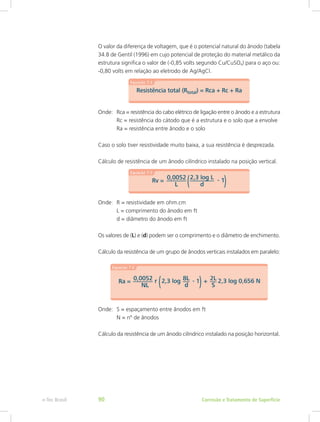 O valor da diferença de voltagem, que é o potencial natural do ânodo (tabela
34.8 de Gentil (1996) em cujo potencial de proteção do material metálico da
estrutura significa o valor de (-0,85 volts segundo Cu/CuSO4) para o aço ou:
-0,80 volts em relação ao eletrodo de Ag/AgCl.
Onde:	 Rca = resistência do cabo elétrico de ligação entre o ânodo e a estrutura
		 Rc = resistência do cátodo que é a estrutura e o solo que a envolve
		 Ra = resistência entre ânodo e o solo
Caso o solo tiver resistividade muito baixa, a sua resistência é desprezada.
Cálculo de resistência de um ânodo cilíndrico instalado na posição vertical.
Onde:	 R = resistividade em ohm.cm
		 L = comprimento do ânodo em ft
		 d = diâmetro do ânodo em ft
		
Os valores de (L) e (d) podem ser o comprimento e o diâmetro de enchimento.
Cálculo da resistência de um grupo de ânodos verticais instalados em paralelo:
Onde:	 S = espaçamento entre ânodos em ft
		 N = nº de ânodos
Cálculo da resistência de um ânodo cilíndrico instalado na posição horizontal.
Corrosão e Tratamento de Superfíciee-Tec Brasil 90
 