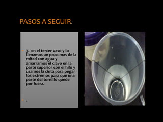 • 3. en el tercer vaso y lo
llenamos un poco mas de la
mitad con agua y
amarramos el clavo en la
parte superior con el hilo y
usamos la cinta para pegar
los extremos para que una
parte del tornillo quede
por fuera.
• .
PASOS A SEGUIR.
 