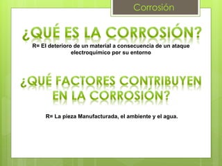 Corrosión
R= El deterioro de un material a consecuencia de un ataque
electroquímico por su entorno
R= La pieza Manufacturada, el ambiente y el agua.
 