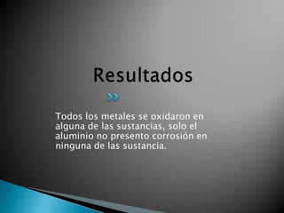 Todos los metales se oxidaron en
alguna de las sustancias, solo el
aluminio no presento corrosión en
ninguna de las sustancia.
 