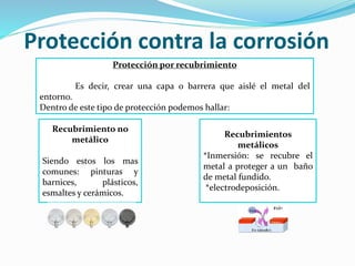 Protección contra la corrosión
Protección por recubrimiento
Es decir, crear una capa o barrera que aislé el metal del
entorno.
Dentro de este tipo de protección podemos hallar:
Recubrimiento no
metálico
Siendo estos los mas
comunes: pinturas y
barnices, plásticos,
esmaltes y cerámicos.
Recubrimientos
metálicos
*Inmersión: se recubre el
metal a proteger a un baño
de metal fundido.
*electrodeposición.
 