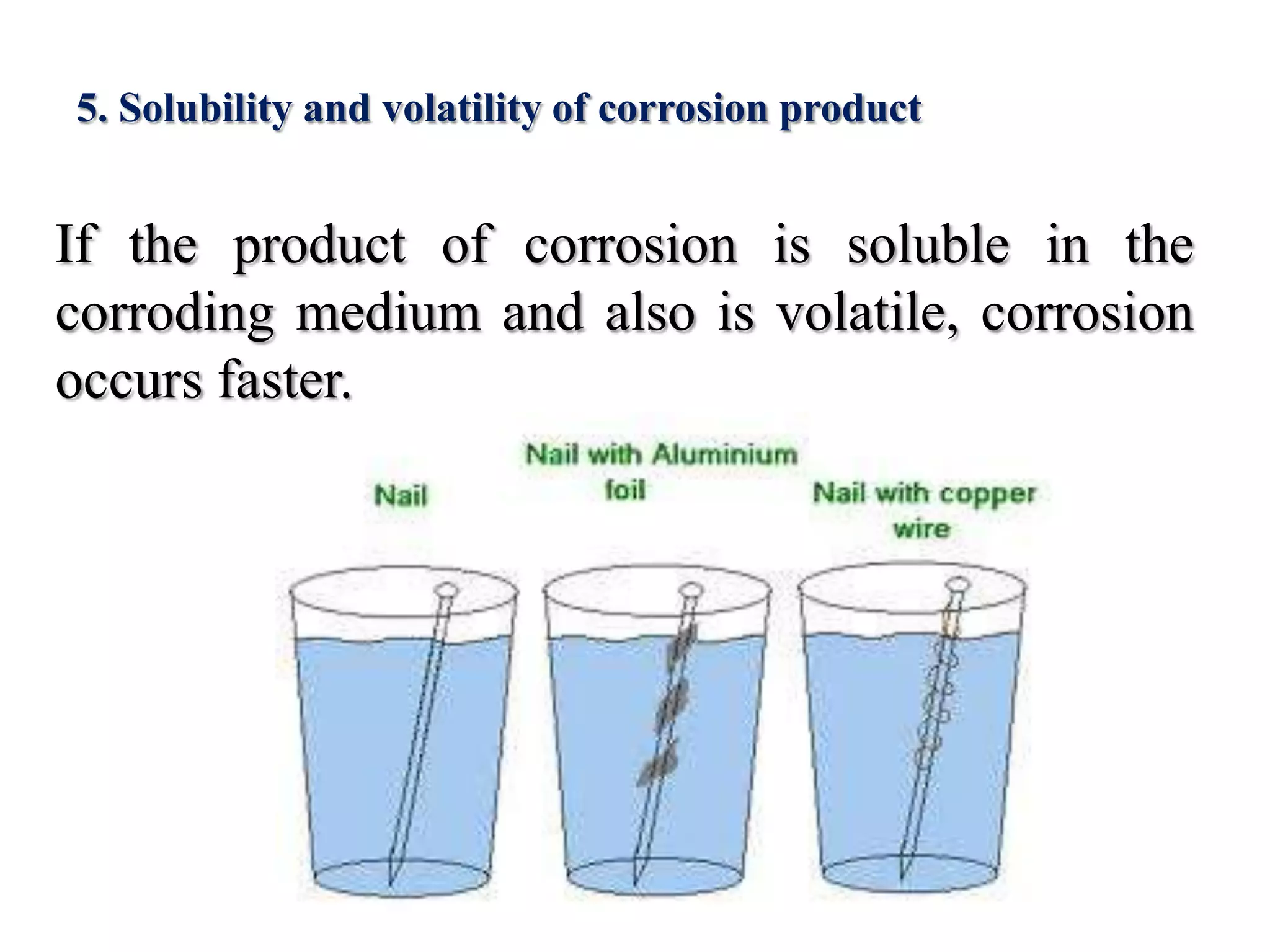 5. Solubility and volatility of corrosion product


If the product of corrosion is soluble in the
corroding medium and also is volatile, corrosion
occurs faster.
 