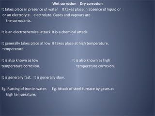 Wet corrosion Dry corrosion
It takes place in presence of water It takes place in absence of liquid or
 or an electrolyte. electrolyte. Gases and vapours are
    the corrodants.

It is an electrochemical attack.It is a chemical attack.

It generally takes place at low It takes place at high temperature.
 temperature.

It is also known as low                       It is also known as high
temperature corrosion.                            temperature corrosion.

It is generally fast. It is generally slow.

Eg. Rusting of iron in water.     Eg. Attack of steel furnace by gases at
   high temperature.
 