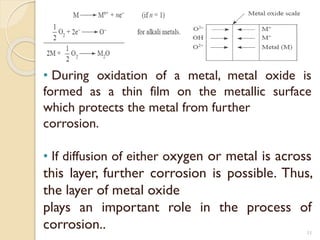 • During oxidation of a metal, metal oxide is
formed as a thin film on the metallic surface
which protects the metal from further
corrosion.
• If diffusion of either oxygen or metal is across
this layer, further corrosion is possible. Thus,
the layer of metal oxide
plays an important role in the process of
corrosion.. 11
 
