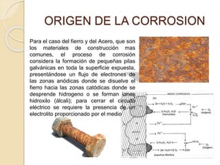 ORIGEN DE LA CORROSION
Para el caso del fierro y del Acero, que son
los materiales de construcción mas
comunes, el proceso de corrosión
considera la formación de pequeñas pilas
galvánicas en toda la superficie expuesta,
presentándose un flujo de electrones de
las zonas anódicas donde se disuelve el
fierro hacia las zonas catódicas donde se
desprende hidrogeno o se forman iones
hidroxilo (álcali); para cerrar el circuito
eléctrico se requiere la presencia de un
electrolito proporcionado por el medio
 