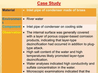 Material  Inlet pipe of condenser made of brass
Environmen
t
 River water
Component  Inlet pipe of condenser on cooling side
Observation  The internal surface was generally covered
with a layer of porous copper-based corrosion
products, indicating that layer-type
dezincification had occurred in addition to plug-
type attack.
 High salt content of the water and high
temperatures likely promoted layer-type
dezincification.
 Water analyses indicated high conductivity and
sulfate concentration in the water.
 Microscopic examinations indicated that the
Case Study
 