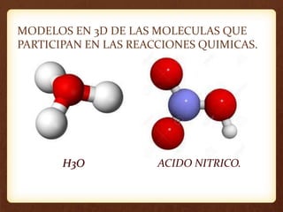 MODELOS EN 3D DE LAS MOLECULAS QUE
PARTICIPAN EN LAS REACCIONES QUIMICAS.
H3O ACIDO NITRICO.
 