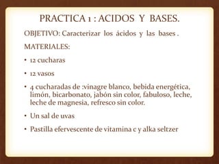 PRACTICA 1 : ACIDOS Y BASES.
OBJETIVO: Caracterizar los ácidos y las bases .
MATERIALES:
• 12 cucharas
• 12 vasos
• 4 cucharadas de :vinagre blanco, bebida energética,
limón, bicarbonato, jabón sin color, fabuloso, leche,
leche de magnesia, refresco sin color.
• Un sal de uvas
• Pastilla efervescente de vitamina c y alka seltzer
 