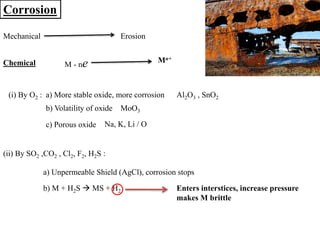 Corrosion
Mechanical Erosion
Chemical M - ne Mn+
(i) By O2 : a) More stable oxide, more corrosion Al2O3 , SnO2
b) Volatility of oxide MoO3
c) Porous oxide Na, K, Li / O
(ii) By SO2 ,CO2 , Cl2, F2, H2S :
a) Unpermeable Shield (AgCl), corrosion stops
b) M + H2S  MS + H2 Enters interstices, increase pressure
makes M brittle
 