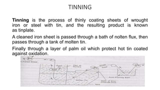 TINNING
Tinning is the process of thinly coating sheets of wrought
iron or steel with tin, and the resulting product is known
as tinplate.
A cleaned iron sheet is passed through a bath of nolten flux, then
passes through a tank of molten tin.
Finally through a layer of palm oil which protect hot tin coated
against oxidation.
 