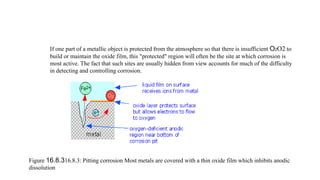 If one part of a metallic object is protected from the atmosphere so that there is insufficient O2O2 to
build or maintain the oxide film, this "protected" region will often be the site at which corrosion is
most active. The fact that such sites are usually hidden from view accounts for much of the difficulty
in detecting and controlling corrosion.
Figure 16.8.316.8.3: Pitting corrosion Most metals are covered with a thin oxide film which inhibits anodic
dissolution
 