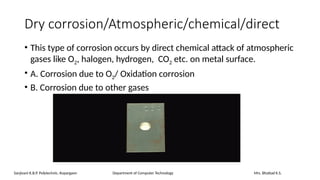 Dry corrosion/Atmospheric/chemical/direct
• This type of corrosion occurs by direct chemical attack of atmospheric
gases like O2, halogen, hydrogen, CO2 etc. on metal surface.
• A. Corrosion due to O2/ Oxidation corrosion
• B. Corrosion due to other gases
Sanjivani K.B.P. Polytechnic, Kopargaon Department of Computer Technology Mrs. Bhattad K.S.
 