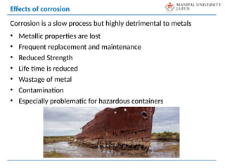 Corrosion is a slow process but highly detrimental to metals
• Metallic properties are lost
• Frequent replacement and maintenance
• Reduced Strength
• Life time is reduced
• Wastage of metal
• Contamination
• Especially problematic for hazardous containers
Effects of corrosion
 