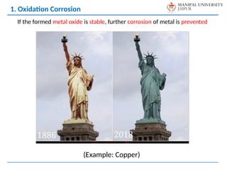 1. Oxidation Corrosion
If the formed metal oxide is stable, further corrosion of metal is prevented
(Example: Copper)
 