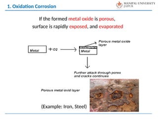 1. Oxidation Corrosion
If the formed metal oxide is porous,
surface is rapidly exposed, and evaporated
(Example: Iron, Steel)
 