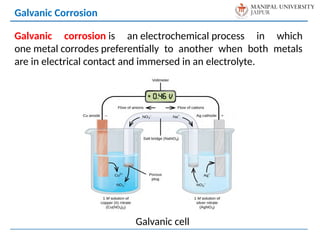 Galvanic cell
Galvanic Corrosion
Galvanic corrosion is an electrochemical process in which
one metal corrodes preferentially to another when both metals
are in electrical contact and immersed in an electrolyte.
 
