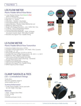 APPROVEDDANGER
LSS FLOW METER
Plastic Paddle Wheel Flow Meter
Large Display Changes from Green to Red
when in Alarm State
Accuracy ±0.75% of Full Scale
Pipe Size - ½ - 24 Inch
Flow Rate + Totalizer - Resettable
Flow Velocity Range / 0.33 to 26 ft/s
Eprom Memory - Totalizer Value Will Not Be Lost
NEMA 4X / IP66 Protection
Bright LED Display Flow Units - Liter / GPM / M3 / Ton
4-20mA + Two (7) Amp Relays Output
Heavy Duty Industrial Design
Corrosion Resistant All Plastic - PVDF / PP Body
Zirconium Ceramic Shaft - PFA Teflon® Paddle
Retrofits into Signet® Tee / Saddle Fitting
LS FLOW METER
Plastic Paddle Wheel Flow Transmitter
Industry’s Highest Accuracy ±0.75%
Excellent Chemical Resistance - PP / PVDF / PFA / Ceramic
Size Range - ½" - 24"
Measuring Flow Range / 0.33 ft/s to 26 ft/s
Excellent for Low or High Temperatures -20 - 90°C / -4 -194°F
NEMA 4X / IP65 / NEMA 6 / IP68 Rating
Extra Long Lasting PFA Paddle Assembly
(Zirconium Ceramic Shaft & Bearings - Standard)
Double FPM O-Ring Seal
High Pressure Rating (Up to 200 psi)
Retrofits into Signet® Tee / Saddle Fitting
NPN Frequency Pulse Output
CLAMP SADDLES & TEES
LSS + LS Installation Fittings
Technical Information
Truflo offers
the most complete range in
clamp saddles up to 16”
Materials
1.PPGF.- Polypro Glass Filled
2.FPM - O-ring
3.316 SS
4.Reinforced Outlet 316 SS
APPROVED
DANGER
1.Truflo Clamp Saddles can be used with
PE / PP / PVDF / PVC Pipe
•
•
•
•
•
•
•
•
•
•
•
•
•
•
•
•
•
•
•
•
•
•
•
ENT
FUNC
RST ALARMD S
OUT1 P/O RATE GAL Liter/min
M3
/HourTOTAL TONDIOOUT2
ENT
FUNC
RST ALARMD S
OUT1 P/O RATE GAL Liter/min
M3
/HourTOTAL TONDIOOUT2
Flow Meter
04for more information visit www.iconprocon.com * Limited Life time Warranty on Paddle Assembly
 
