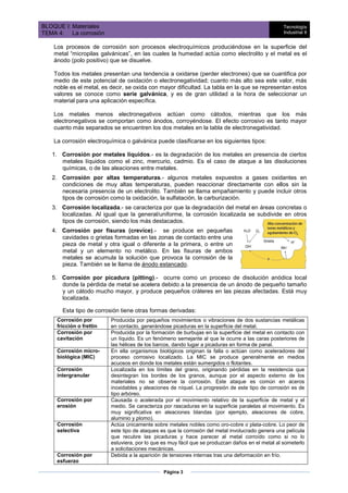BLOQUE I: Materiales
TEMA 4: La corrosión
Tecnología
Industrial II
Página 3
Los procesos de corrosión son procesos electroquímicos produciéndose en la superficie del
metal “micropilas galvánicas”, en las cuales la humedad actúa como electrolito y el metal es el
ánodo (polo positivo) que se disuelve.
Todos los metales presentan una tendencia a oxidarse (perder electrones) que se cuantifica por
medio de este potencial de oxidación o electronegatividad; cuanto más alto sea este valor, más
noble es el metal, es decir, se oxida con mayor dificultad. La tabla en la que se representan estos
valores se conoce como serie galvánica, y es de gran utilidad a la hora de seleccionar un
material para una aplicación específica.
Los metales menos electronegativos actúan como cátodos, mientras que los más
electronegativos se comportan como ánodos, corroyéndose. El efecto corrosivo es tanto mayor
cuanto más separados se encuentren los dos metales en la tabla de electronegatividad.
La corrosión electroquímica o galvánica puede clasificarse en los siguientes tipos:
1. Corrosión por metales líquidos.- es la degradación de los metales en presencia de ciertos
metales líquidos como el zinc, mercurio, cadmio. Es el caso de ataque a las disoluciones
químicas, o de las aleaciones entre metales.
2. Corrosión por altas temperaturas.- algunos metales expuestos a gases oxidantes en
condiciones de muy altas temperaturas, pueden reaccionar directamente con ellos sin la
necesaria presencia de un electrolito. También se llama empañamiento y puede incluir otros
tipos de corrosión como la oxidación, la sulfatación, la carburización.
3. Corrosión localizada.- se caracteriza por que la degradación del metal en áreas concretas o
localizadas. Al igual que la general/uniforme, la corrosión localizada se subdivide en otros
tipos de corrosión, siendo los más destacados.
4. Corrosión por fisuras (crevice).- se produce en pequeñas
cavidades o grietas formadas en las zonas de contacto entre una
pieza de metal y otra igual o diferente a la primera, o entre un
metal y un elemento no metálico. En las fisuras de ambos
metales se acumula la solución que provoca la corrosión de la
pieza. También se le llama de ánodo estancado.
5. Corrosión por picadura (pitting).- ocurre como un proceso de disolución anódica local
donde la pérdida de metal se acelera debido a la presencia de un ánodo de pequeño tamaño
y un cátodo mucho mayor, y produce pequeños cráteres en las piezas afectadas. Está muy
localizada.
Esta tipo de corrosión tiene otras formas derivadas:
Corrosión por
fricción o frettin
Producida por pequeños movimientos o vibraciones de dos sustancias metálicas
en contacto, generándose picaduras en la superficie del metal.
Corrosión por
cavitación
Producida por la formación de burbujas en la superficie del metal en contacto con
un líquido. Es un fenómeno semejante al que le ocurre a las caras posteriores de
las hélices de los barcos, dando lugar a picaduras en forma de panal.
Corrosión micro-
biológica (MIC)
En ella organismos biológicos originan la falla o actúan como aceleradores del
proceso corrosivo localizado. La MIC se produce generalmente en medios
acuosos en donde los metales están sumergidos o flotantes.
Corrosión
intergranular
Localizada en los límites del grano, originando pérdidas en la resistencia que
desintegran los bordes de los granos, aunque por el aspecto externo de los
materiales no se observe la corrosión. Este ataque es común en aceros
inoxidables y aleaciones de níquel. La progresión de este tipo de corrosión es de
tipo arbóreo.
Corrosión por
erosión
Causada o acelerada por el movimiento relativo de la superficie de metal y el
medio. Se caracteriza por rascaduras en la superficie paralelas al movimiento. Es
muy significativa en aleaciones blandas (por ejemplo, aleaciones de cobre,
aluminio y plomo).
Corrosión
selectiva
Actúa únicamente sobre metales nobles como oro-cobre o plata-cobre. Lo peor de
este tipo de ataques es que la corrosión del metal involucrado genera una película
que recubre las picaduras y hace parecer al metal corroído como si no lo
estuviera, por lo que es muy fácil que se produzcan daños en el metal al someterlo
a solicitaciones mecánicas.
Corrosión por
esfuerzo
Debida a la aparición de tensiones internas tras una deformación en frío.
 