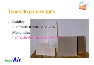 Types de garnissages
 Saddles:Saddles:
 efficacité thermique de 95 %efficacité thermique de 95 %
 MonolithesMonolithes
 efficacité thermique de 96,6 à 98 %
 