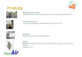 Traitement de fumées
Traitements sec ou semi-sec utilisant la chaux ou le bicarbonate de sodium
Filtres à manches
Tout types de poussières, cellulaires ou non, en ligne ou non
DeNOx
Réduction catalytique sélective (SCR) ou Réduction catalytique non-sélective
(SNCR).
Catalyseur V2O5.
Produits
Manches
Réparation et maintenance d’installations
 