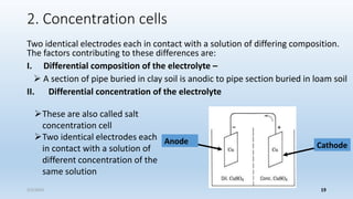 2. Concentration cells
Two identical electrodes each in contact with a solution of differing composition.
The factors contributing to these differences are:
I. Differential composition of the electrolyte –
 A section of pipe buried in clay soil is anodic to pipe section buried in loam soil
II. Differential concentration of the electrolyte
Anode Cathode
These are also called salt
concentration cell
Two identical electrodes each
in contact with a solution of
different concentration of the
same solution
5/2/2023 19
 