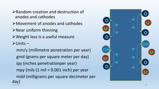 Random creation and destruction of
anodes and cathodes
Movement of anodes and cathodes
Near uniform thinning
Weight loss is a useful measure
Units –
mm/y (millimetre penetration per year)
gmd (grams per square meter per day)
ipy (inches penetrationper year)
mpy (mils (1 mil = 0.001 inch) per year
mdd (milligrams per square decimeter per
day)
5/2/2023 26
 