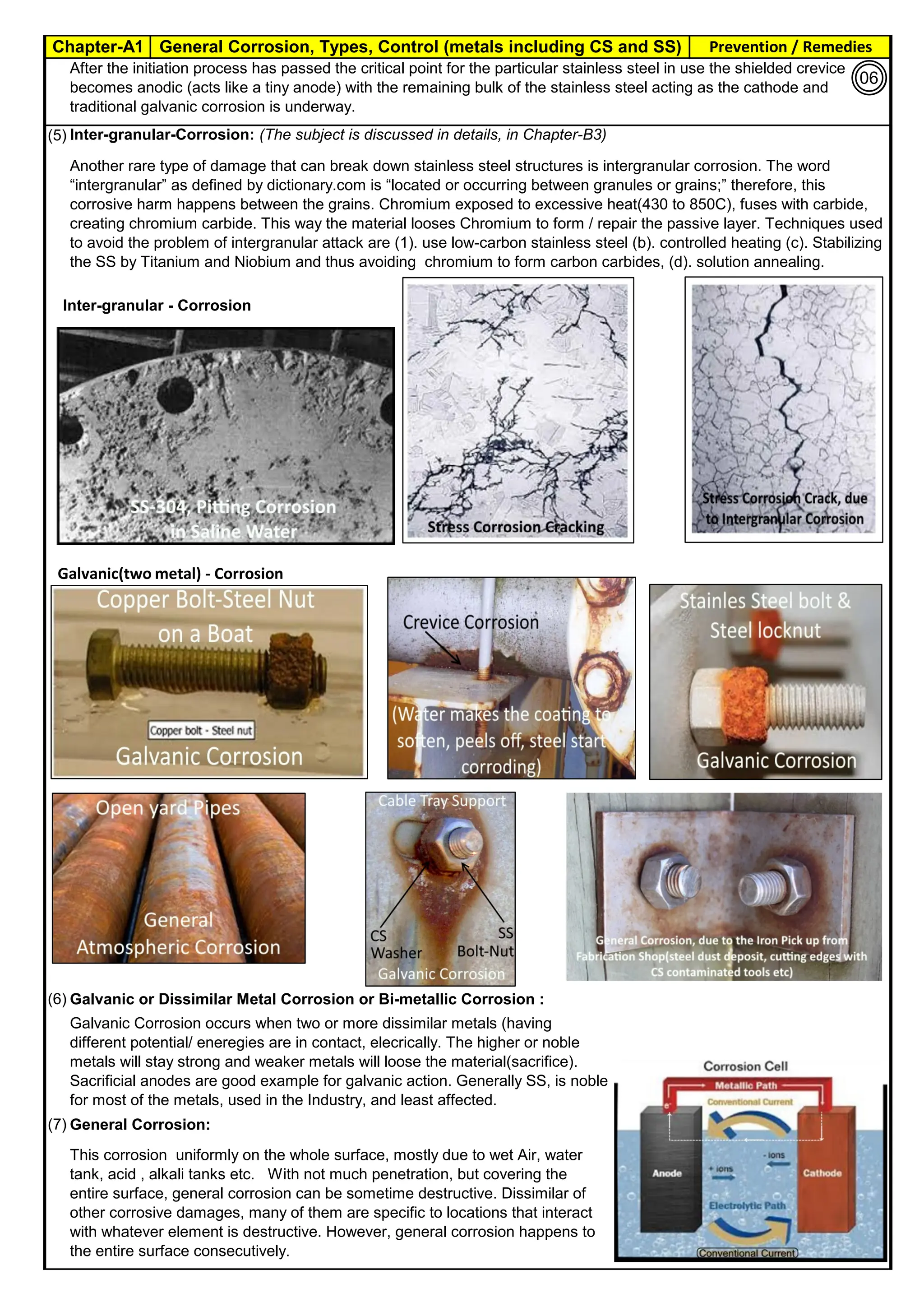 Chapter-A1 General Corrosion, Types, Control (metals including CS and SS) Prevention / Remedies
By JGC Annamalai
(5).Inter-granular-Corrosion: (The subject is discussed in details, in Chapter-B3)
(6).Galvanic or Dissimilar Metal Corrosion or Bi-metallic Corrosion :
(7).General Corrosion:
This corrosion uniformly on the whole surface, mostly due to wet Air, water
tank, acid , alkali tanks etc. With not much penetration, but covering the
entire surface, general corrosion can be sometime destructive. Dissimilar of
other corrosive damages, many of them are specific to locations that interact
with whatever element is destructive. However, general corrosion happens to
the entire surface consecutively.
Galvanic Corrosion occurs when two or more dissimilar metals (having
different potential/ eneregies are in contact, elecrically. The higher or noble
metals will stay strong and weaker metals will loose the material(sacrifice).
Sacrificial anodes are good example for galvanic action. Generally SS, is noble
for most of the metals, used in the Industry, and least affected.
After the initiation process has passed the critical point for the particular stainless steel in use the shielded crevice
becomes anodic (acts like a tiny anode) with the remaining bulk of the stainless steel acting as the cathode and
traditional galvanic corrosion is underway.
Another rare type of damage that can break down stainless steel structures is intergranular corrosion. The word
“intergranular” as defined by dictionary.com is “located or occurring between granules or grains;” therefore, this
corrosive harm happens between the grains. Chromium exposed to excessive heat(430 to 850C), fuses with carbide,
creating chromium carbide. This way the material looses Chromium to form / repair the passive layer. Techniques used
to avoid the problem of intergranular attack are (1). use low-carbon stainless steel (b). controlled heating (c). Stabilizing
the SS by Titanium and Niobium and thus avoiding chromium to form carbon carbides, (d). solution annealing.
Inter-granular - Corrosion
Galvanic(two metal) - Corrosion
06
 