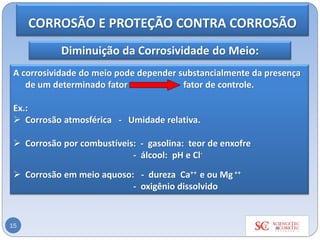 15
Diminuição da Corrosividade do Meio:
A corrosividade do meio pode depender substancialmente da presença
de um determinado fator fator de controle.
Ex.:
➢ Corrosão atmosférica - Umidade relativa.
➢ Corrosão por combustíveis: - gasolina: teor de enxofre
- álcool: pH e Cl-
➢ Corrosão em meio aquoso: - dureza Ca++ e ou Mg ++
- oxigênio dissolvido
CORROSÃO E PROTEÇÃO CONTRA CORROSÃO
 