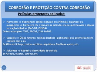 20
➢ Pigmentos  Substâncias sólidas naturais ou artificiais, orgânicas ou
inorgânicas  Conferem côr e tornam as películas menos permeáveis e alguns
tem ação inibidora (ZnCrO4, Pb3O4)
Outros exemplos: TiO2, PbCO3, ZnO, Fe2O3
➢ Veículos  Óleos naturais, resinas plásticas ( polímeros) que polimerizam em
contato com o ar.
Ex:Óleo de linhaça, resinas acrílicas, alquídicas, fenólicas, epóxi, etc.
➢ Solventes  Reduzir a viscosidade do veículo
Ex Álcoois, ésteres, cetonas,etc.
Películas protetoras aplicadas:
CORROSÃO E PROTEÇÃO CONTRA CORROSÃO
 