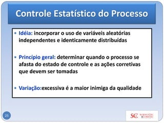 Controle Estatístico do Processo
 Idéia: incorporar o uso de variáveis aleatórias
independentes e identicamente distribuídas
 Princípio geral: determinar quando o processo se
afasta do estado de controle e as ações corretivas
que devem ser tomadas
 Variação:excessiva é a maior inimiga da qualidade
25
 
