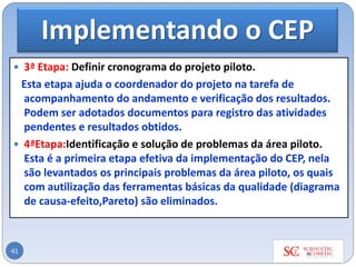 Implementando o CEP
 3ª Etapa: Definir cronograma do projeto piloto.
Esta etapa ajuda o coordenador do projeto na tarefa de
acompanhamento do andamento e verificação dos resultados.
Podem ser adotados documentos para registro das atividades
pendentes e resultados obtidos.
 4ªEtapa:Identificação e solução de problemas da área piloto.
Esta é a primeira etapa efetiva da implementação do CEP, nela
são levantados os principais problemas da área piloto, os quais
com autilização das ferramentas básicas da qualidade (diagrama
de causa-efeito,Pareto) são eliminados.
41
 