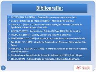 Bibliografia:
➢ BETERSFIELD, D.H (1986) – Qualidade e seus processos produtivos.
➢ Controle Estatístico do Processo (2005) – Manual de Referência.
➢ GRAÇA, J.C. (1996) – O CEP acaba com as variações? Revista Controle da
Qualidade. Editora Banas. São Paulo.
➢ GENTIL, VICENTE – Corrosão. 4a. Edição. LTC S/A. 2006. Rio de Janeiro.
➢ IRWIN, R.D. (1965) – Quality Control and Industrial Statistics.
➢ MOTGOMERY, D.C (1985) – Introdução ao controle estatístico de qualidade.
➢ PALADINI, E.P. (1995) – Gestão da Qualidade no Processo. Editora Atlas. São
Paulo.
➢ RIBEIRO, J.L. & CATEN, C.T. (1998) – Controle Estatístico do Processo. Apostila
do Curso de Pós –
➢ Graduação em Engenharia de Produção. Editora da UFRGS. Porto Alegre.
➢ SLACK. (1997) – Administração da Produção. Editora Atlas. São Paulo.
45
 