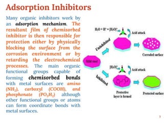 Adsorption Inhibitors
7
Many organic inhibitors work by
an adsorption mechanism. The
resultant film of chemisorbed
inhibitor is then responsible for
protection either by physically
blocking the surface from the
corrosion environment or by
retarding the electrochemical
processes. The main organic
functional groups capable of
forming chemisorbed bonds
with metal surfaces are amino
(NH2), carboxyl (COOH), and
phosphonate (PO3H2) although
other functional groups or atoms
can form coordinate bonds with
metal surfaces.
 