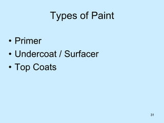 31
Types of Paint
• Primer
• Undercoat / Surfacer
• Top Coats
31
 