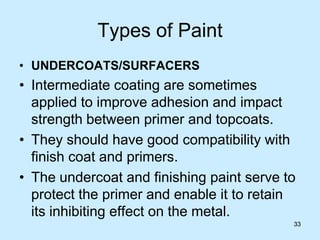 33
Types of Paint
• UNDERCOATS/SURFACERS
• Intermediate coating are sometimes
applied to improve adhesion and impact
strength between primer and topcoats.
• They should have good compatibility with
finish coat and primers.
• The undercoat and finishing paint serve to
protect the primer and enable it to retain
its inhibiting effect on the metal.
33
 