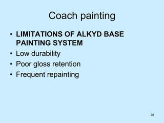 36
Coach painting
• LIMITATIONS OF ALKYD BASE
PAINTING SYSTEM
• Low durability
• Poor gloss retention
• Frequent repainting
 