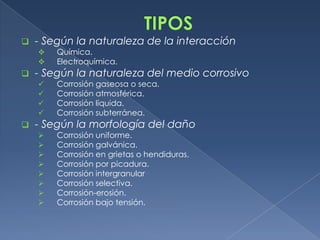    - Según la naturaleza de la interacción
       Química.
       Electroquímica.
   - Según la naturaleza del medio corrosivo
       Corrosión gaseosa o seca.
       Corrosión atmosférica.
       Corrosión líquida.
       Corrosión subterránea.
   - Según la morfología del daño
       Corrosión uniforme.
       Corrosión galvánica.
       Corrosión en grietas o hendiduras.
       Corrosión por picadura.
       Corrosión intergranular
       Corrosión selectiva.
       Corrosión-erosión.
       Corrosión bajo tensión.
 